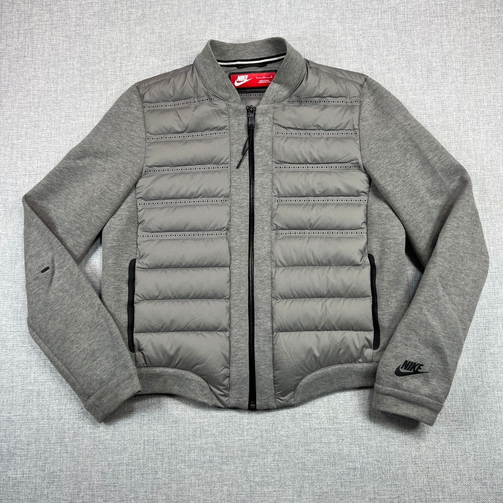 Nike Tech Fleece Aeroloft Bomber Jacket Women L Gray‎ 90% Goose Down Zip Active